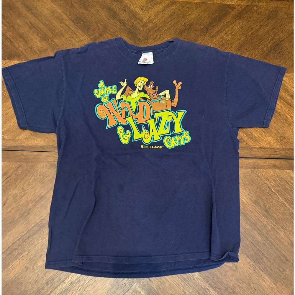 Vintage 2004 Six Flags Scooby Doo Shaggy Wild Lazy Guys T-Shirt Navy Blue XL